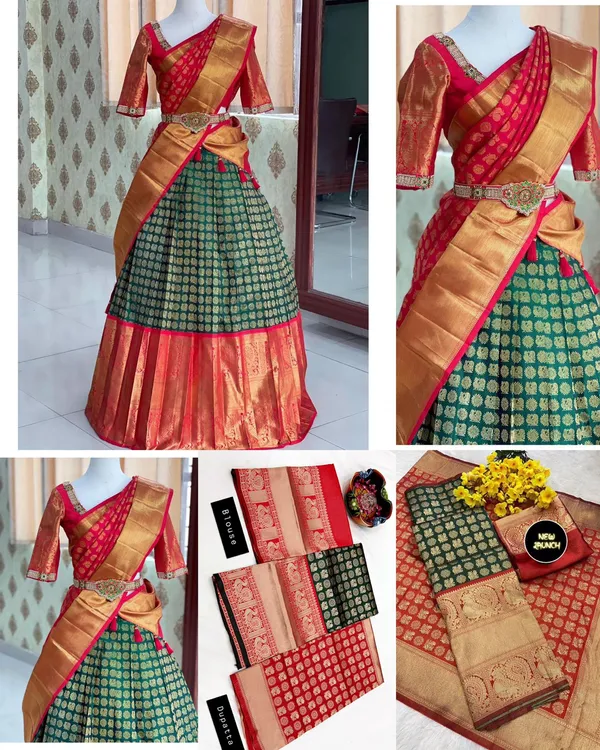 Red_And_Green_Elegant_Design_Banarasi_Silk_Half_Saree_For_Women