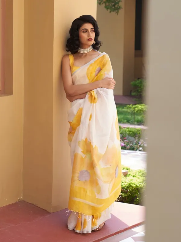 White_And_Yellow_Elegant_Design_Linen_Saree_For_Women