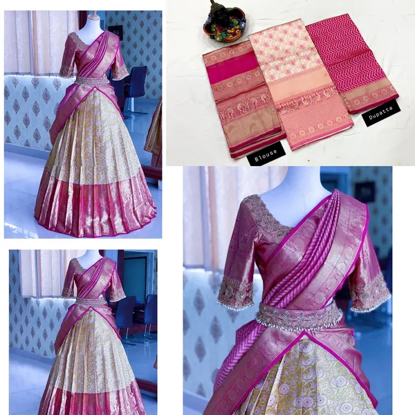Pink_And_Cream_Elegant_Design_Embroidered_Banarasi_Silk_Half_Saree_With_Dupatta_For_Women