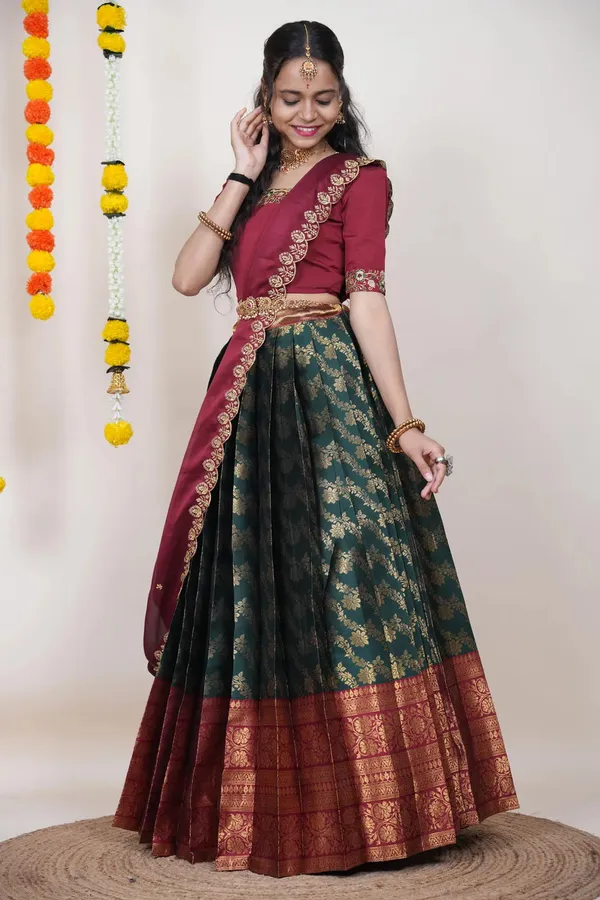 Maroon_And_Green_Elegant_Design_Embroidered_Silk_Half_Saree_With_Dupatta_For_Women