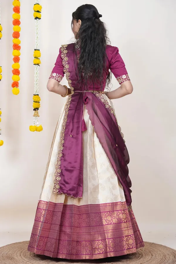 Cream_And_Magenta_Elegant_Design_Embroidered_Banarasi_Silk_Half_Saree_With_Dupatta_For_Women