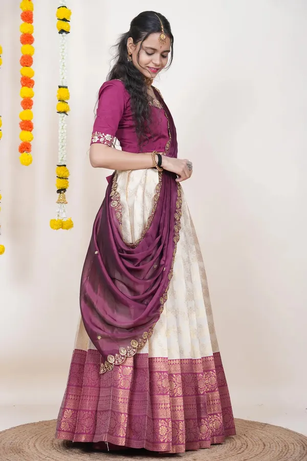 Cream_And_Magenta_Elegant_Design_Embroidered_Banarasi_Silk_Half_Saree_With_Dupatta_For_Women