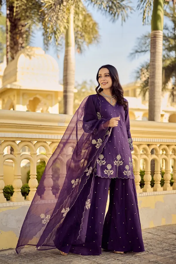 Purple_Chanderi_Silk_Kurti_Pant_And_Dupatta_Set_For_Women