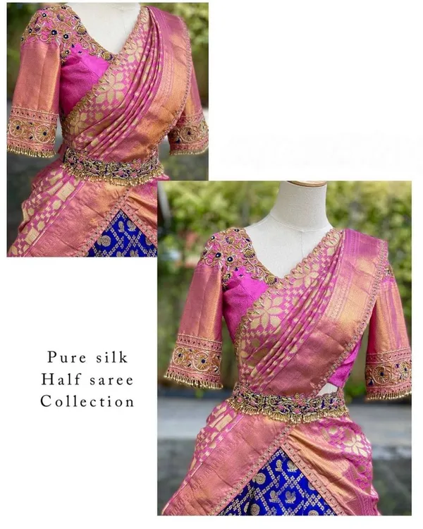Blue_And_Pink_Elegant_Design_Embroidered_Banarasi_Brocade_Silk_Half_Saree_For_Women