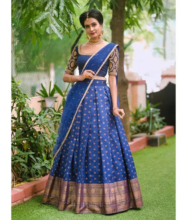 Blue_Elegant_Design_Embroidered_Brocade_Silk_Half_Saree_With_Dupatta_For_Women
