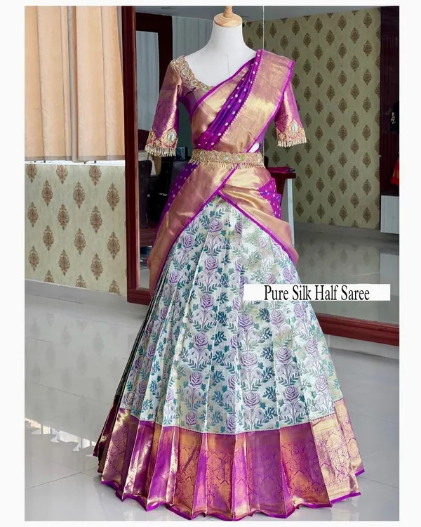 Purple_Elegant_Design_Pure_Silk_Half_Saree_For_Women