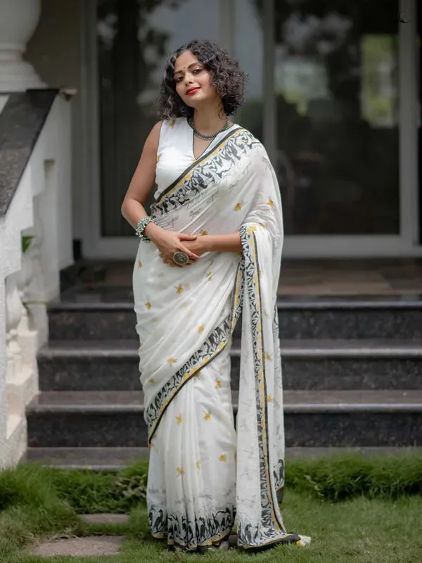 White_Elegant_Design_Linen_Saree_For_Women