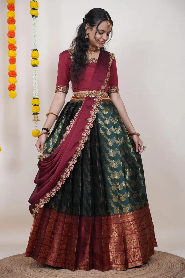 Maroon_And_Green_Elegant_Design_Embroidered_Silk_Half_Saree_With_Dupatta_For_Women