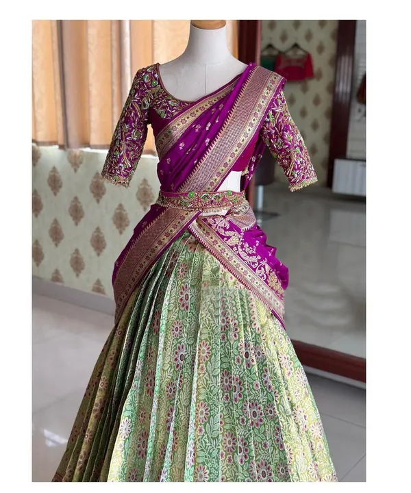 Green_And_Purple_Elegant_Design_Embroidered_Banarasi_Silk_Half_Saree_For_Women