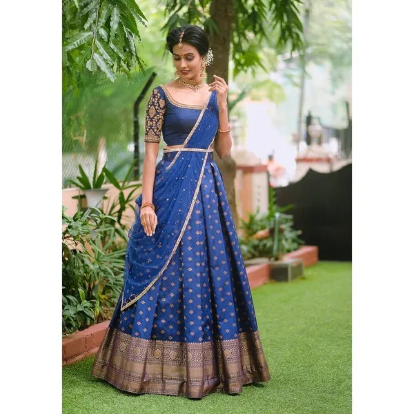 Blue_Elegant_Design_Embroidered_Brocade_Silk_Half_Saree_With_Dupatta_For_Women