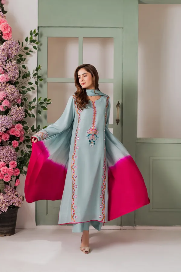 Aqua_Blue_French_Crepe_Kurti_Pant_And_Dupatta_Set_For_Women
