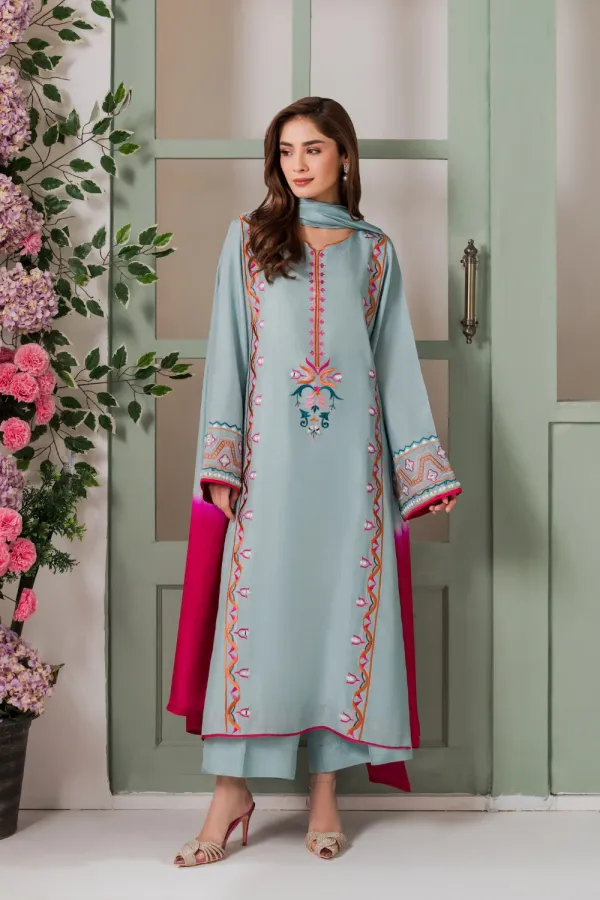 Aqua_Blue_French_Crepe_Kurti_Pant_And_Dupatta_Set_For_Women