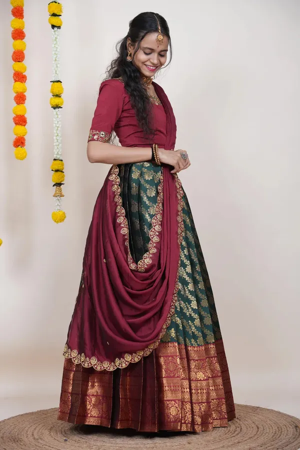 Maroon_And_Green_Elegant_Design_Embroidered_Silk_Half_Saree_With_Dupatta_For_Women