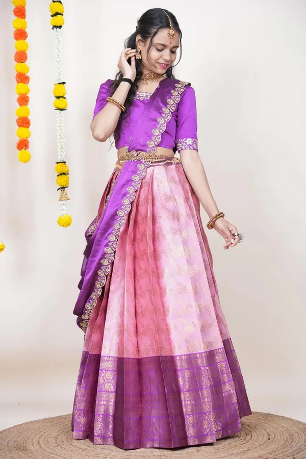 Pink_And_Purple_Elegant_Design_Embroidered_Banarasi_Silk_Half_Saree_With_Dupatta_For_Women