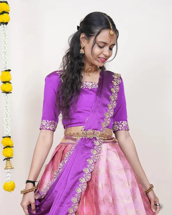 Pink_And_Purple_Elegant_Design_Embroidered_Banarasi_Silk_Half_Saree_With_Dupatta_For_Women