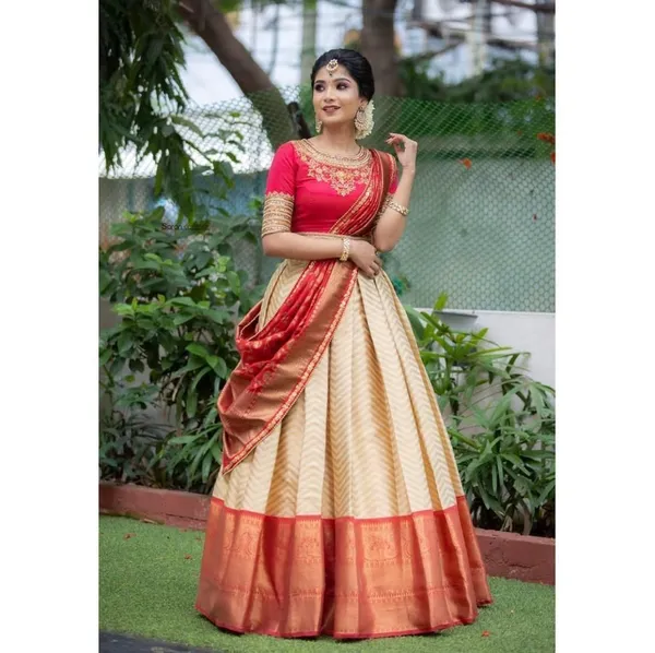 Cream_And_Red_Elegant_Design_Embroidered_Kanchipuram_Silk_Half_Saree_With_Dupatta_For_Women