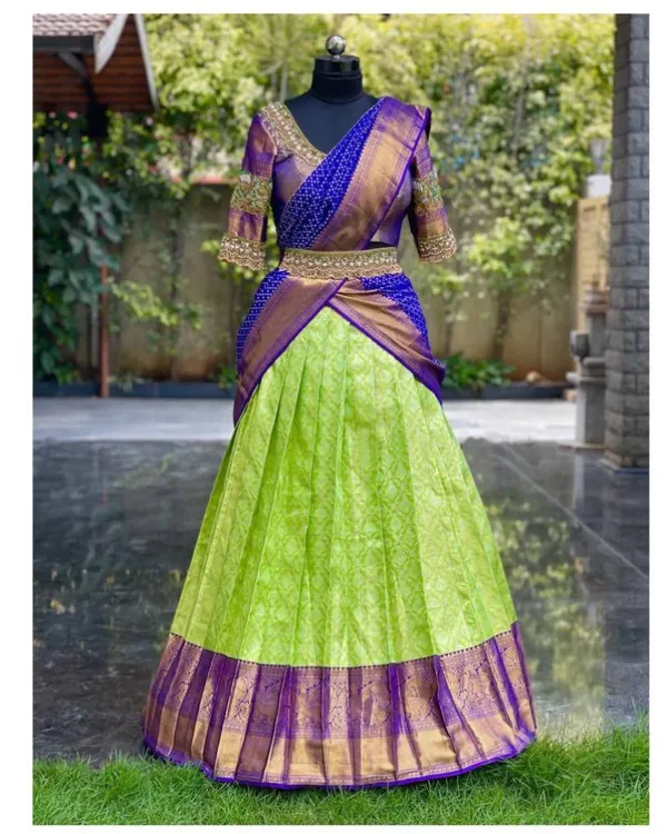 Green_And_Purple_Elegant_Design_Embroidered_Silk_Half_Saree_With_Dupatta_For_Women