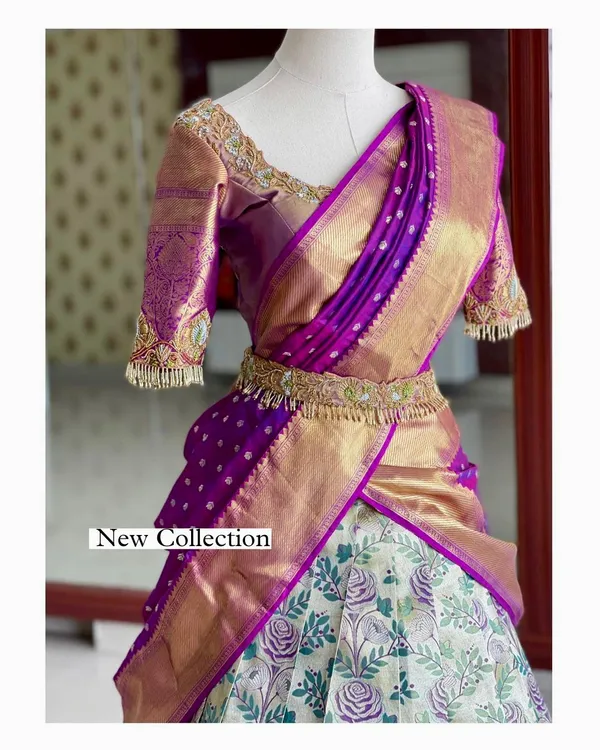 Purple_Elegant_Design_Pure_Silk_Half_Saree_For_Women