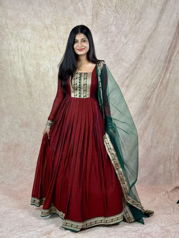 Maroon_Vichitra_Silk_Gown_Dupatta_2_Piece_Set_For_Women