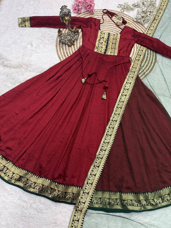 Maroon_Vichitra_Silk_Gown_Dupatta_2_Piece_Set_For_Women