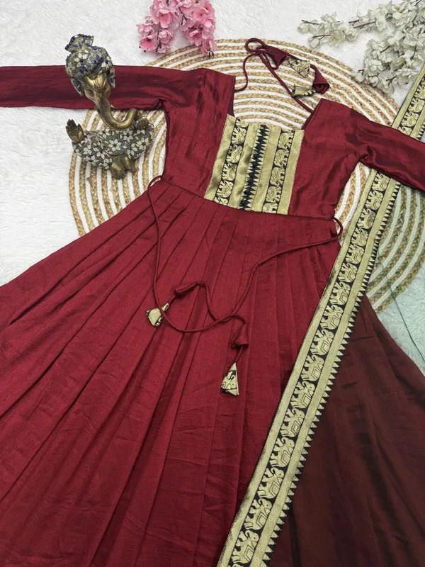 Maroon_Vichitra_Silk_Gown_Dupatta_2_Piece_Set_For_Women