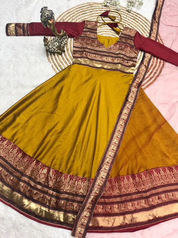 Mustard_Vichitra_Silk_Gown_Dupatta_2_Piece_Set_For_Women