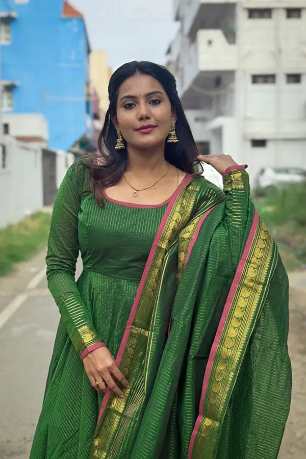 Green_Kota_Banarasi_Gown_Dupatta_2_Piece_Set_For_Women