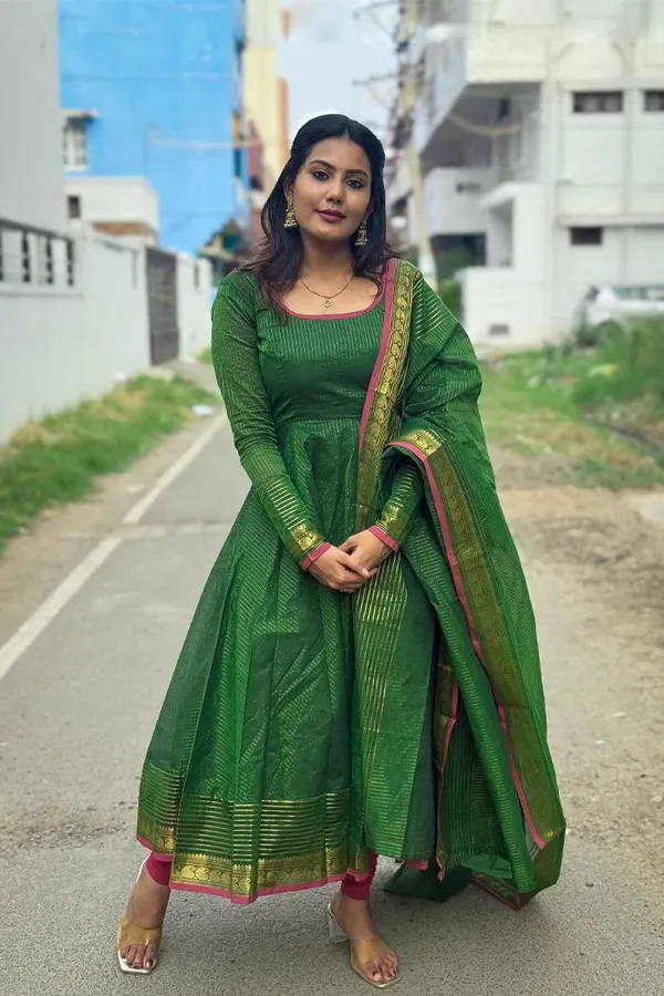 Green_Kota_Banarasi_Gown_Dupatta_2_Piece_Set_For_Women