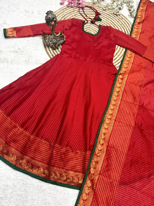 Red_Kota_Banarasi_Gown_Dupatta_2_Piece_Set_For_Women