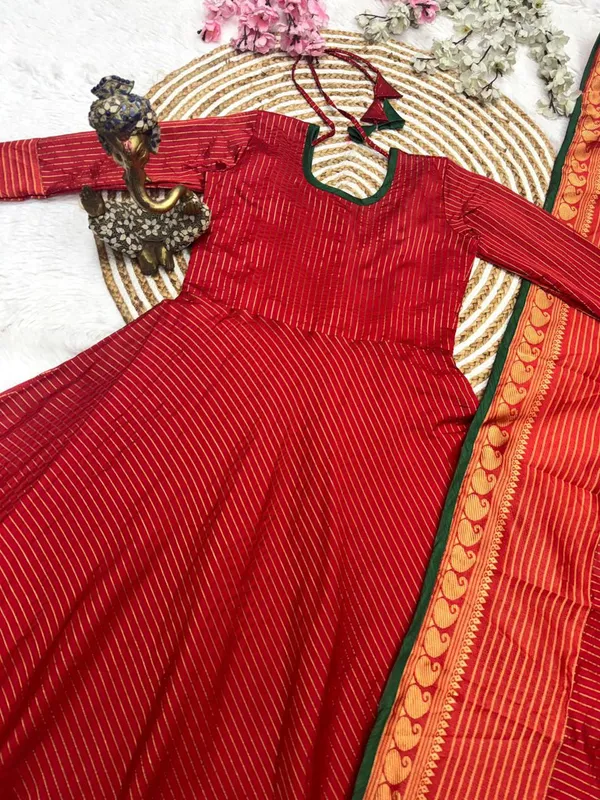 Red_Kota_Banarasi_Gown_Dupatta_2_Piece_Set_For_Women