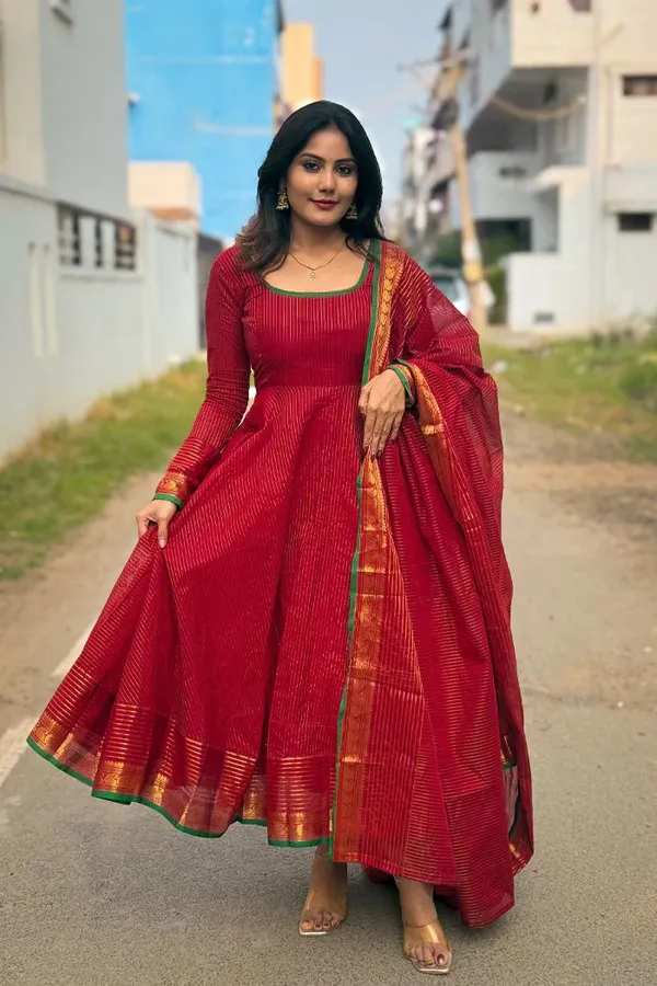 Red_Kota_Banarasi_Gown_Dupatta_2_Piece_Set_For_Women