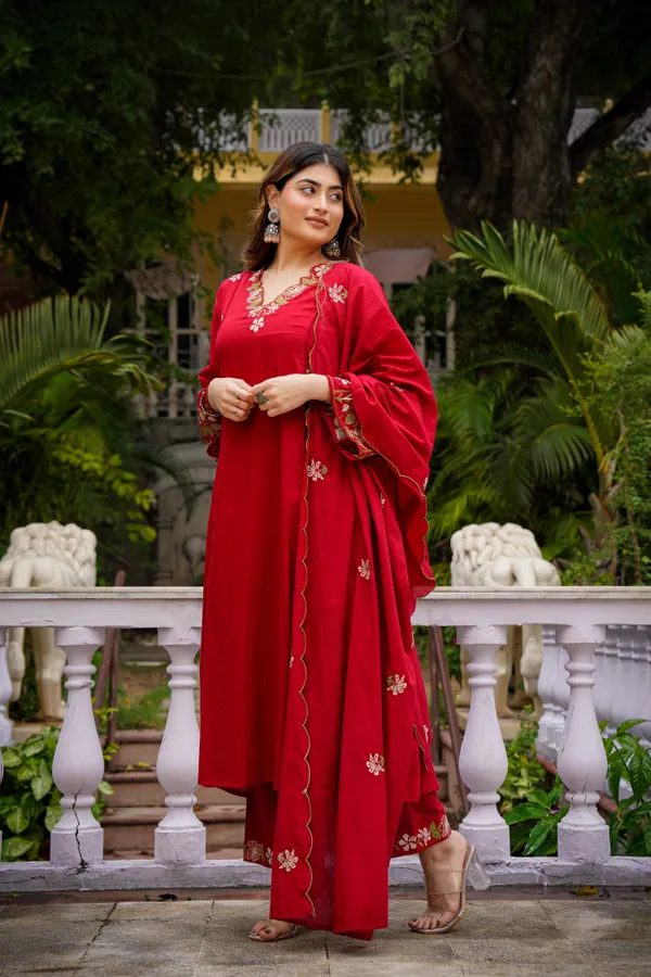 Red_Chanderi_Silk_Kurti_Pant_And_Dupatta_Set_For_Women