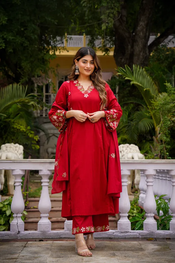 Red_Chanderi_Silk_Kurti_Pant_And_Dupatta_Set_For_Women