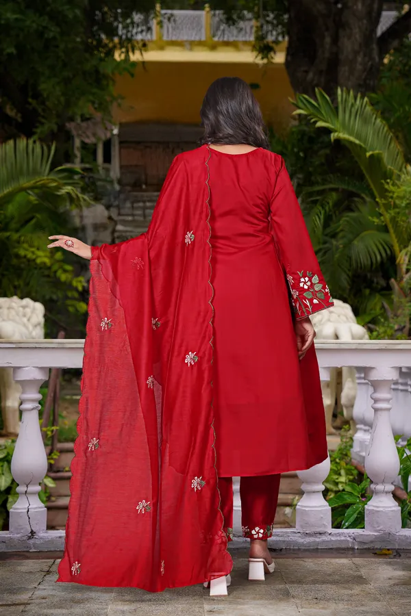 Red_Chanderi_Silk_Kurti_Pant_And_Dupatta_Set_For_Women