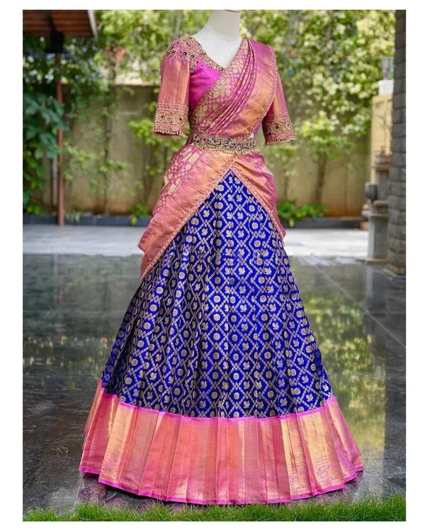 Blue_And_Pink_Elegant_Design_Embroidered_Banarasi_Brocade_Silk_Half_Saree_For_Women