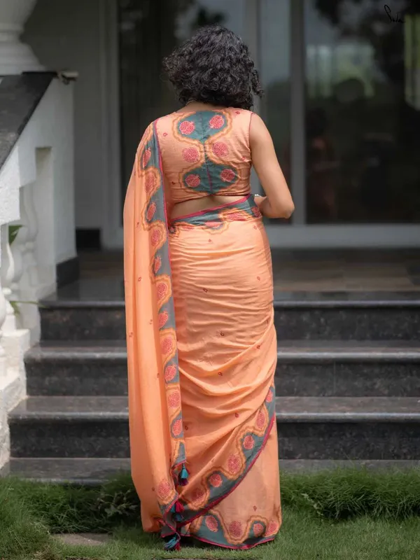 Peach_Elegant_Design_Embroidered_Organza_Saree_For_Women