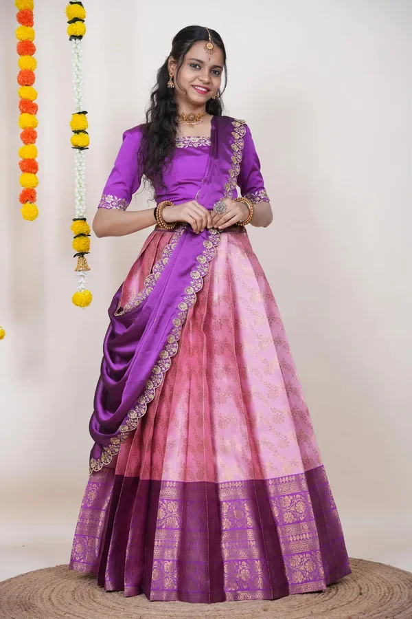 Pink_And_Purple_Elegant_Design_Embroidered_Banarasi_Silk_Half_Saree_With_Dupatta_For_Women