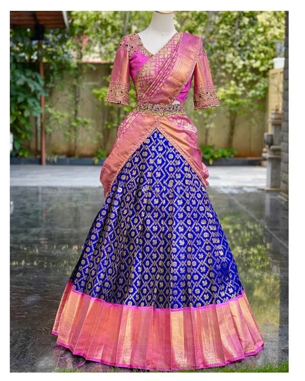 Blue_And_Pink_Elegant_Design_Embroidered_Banarasi_Brocade_Silk_Half_Saree_For_Women