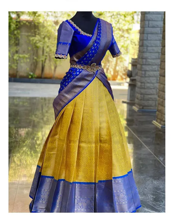 Blue_And_Yellow_Elegant_Design_Silk_Half_Saree_For_Women