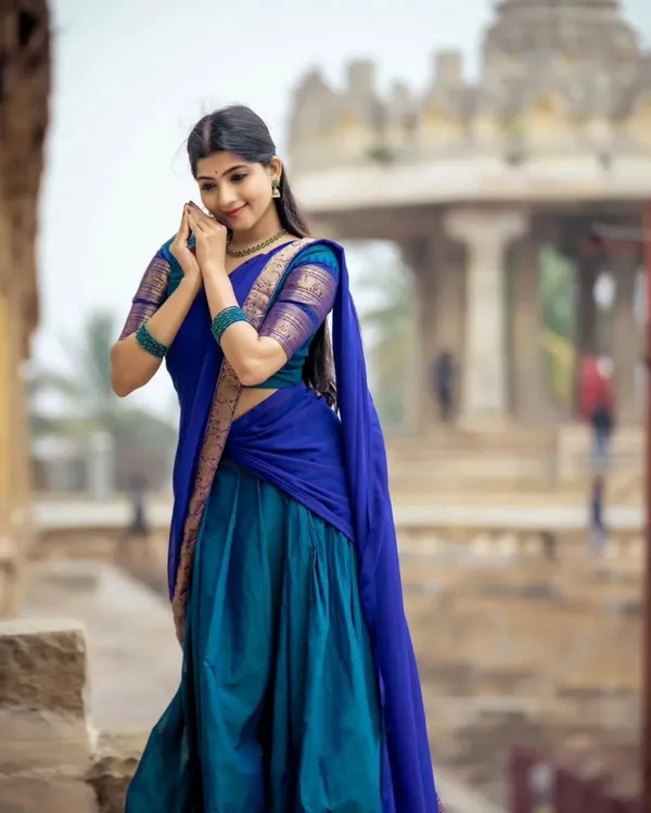Teal_Blue_And_Purple_Elegant_Design_Banarasi_Silk_Half_Saree_For_Women