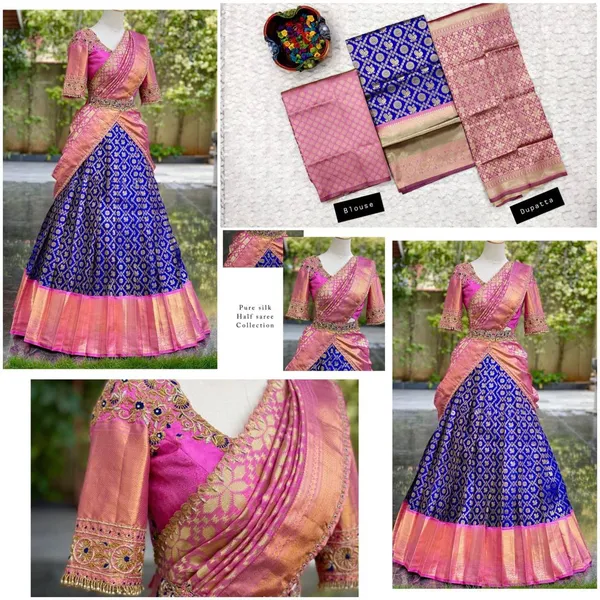 Blue_And_Pink_Elegant_Design_Embroidered_Banarasi_Brocade_Silk_Half_Saree_For_Women
