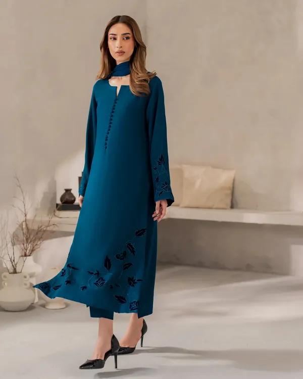 New_Blue_Chanderi_Silk_Kurti_Pant_And_Dupatta_Set_For_Women