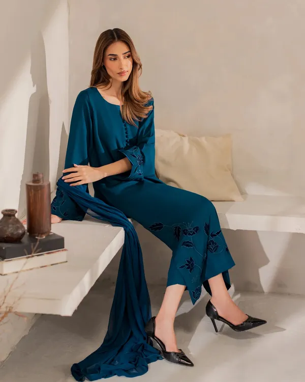 New_Blue_Chanderi_Silk_Kurti_Pant_And_Dupatta_Set_For_Women