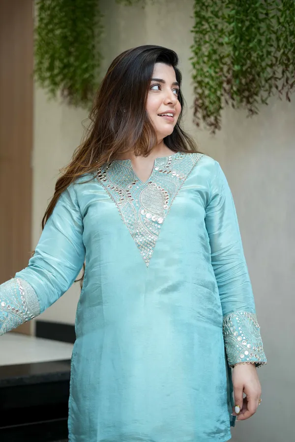 Aqua_Blue_Chanderi_Silk_Kurti_Pant_And_Dupatta_Set_For_Women