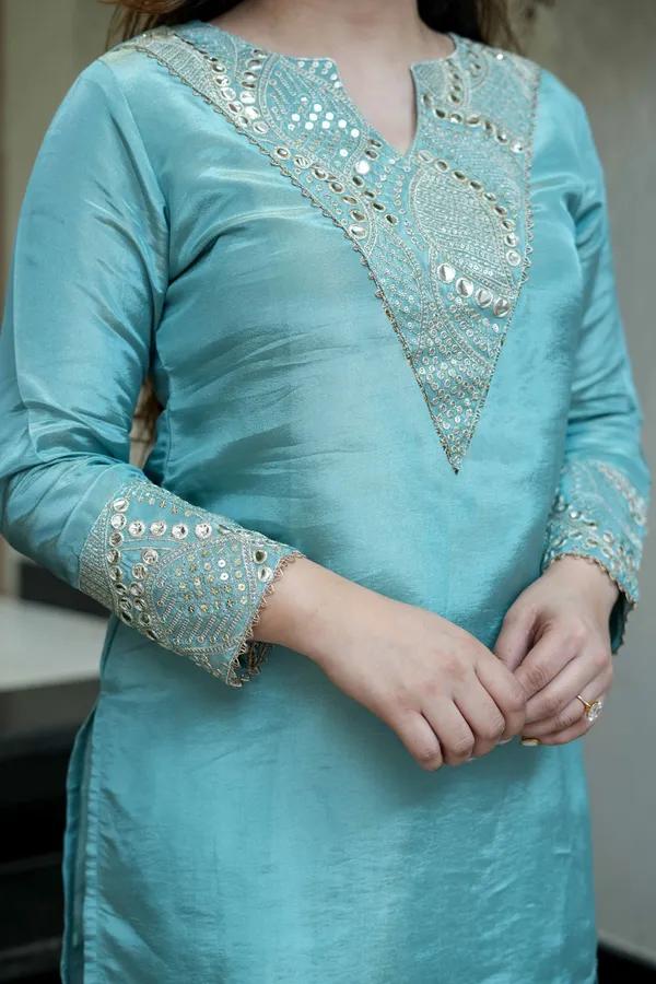 Aqua_Blue_Chanderi_Silk_Kurti_Pant_And_Dupatta_Set_For_Women