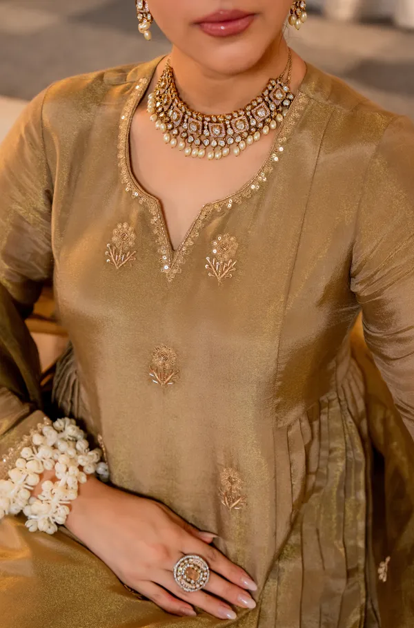Gold_Chanderi_Silk_Kurti_Pant_And_Dupatta_Set_For_Women