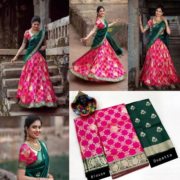 Pink_And_Green_Elegant_Design_Brocade_Silk_Half_Saree_With_Dupatta_For_Women
