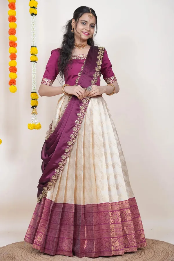 Cream_And_Magenta_Elegant_Design_Embroidered_Banarasi_Silk_Half_Saree_With_Dupatta_For_Women