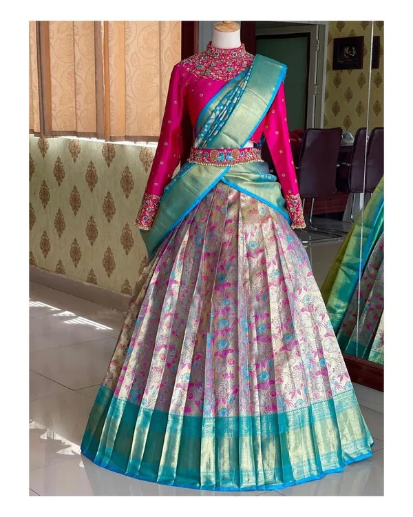 Blue_And_Pink_Elegant_Design_Embroidered_Silk_Half_Saree_With_Dupatta_For_Women