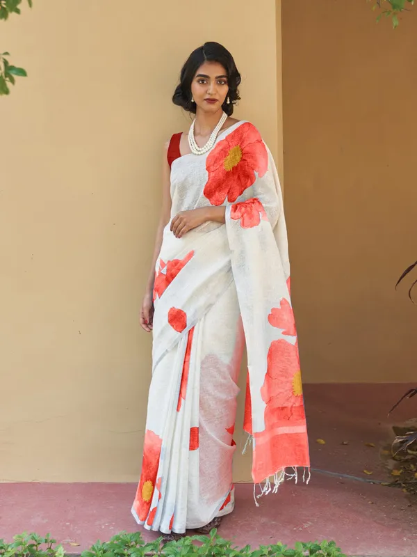 White_Elegant_Design_Linen_Saree_For_Women